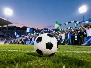 Klasyczna piłka nożna leżąca na murawie stadionu w świetle wieczornych reflektorów.