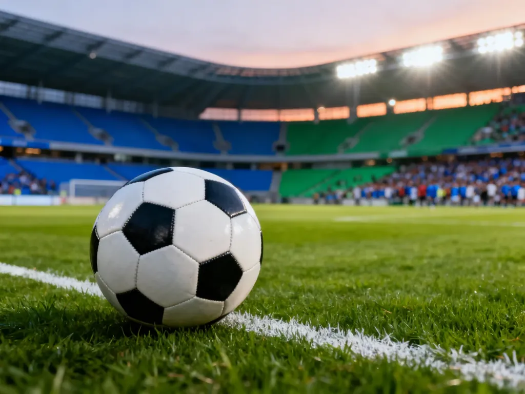 Piłka na murawie stadionu w świetle jupiterów przed meczem Lecha Poznań z Legią Warszawa.