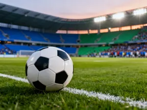 Piłka na murawie stadionu podczas wieczornego meczu Pogoni Szczecin z Legią Warszawa w otoczeniu kibiców.
