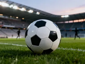 Piłka na murawie stadionu w świetle jupiterów przed meczem Lecha Poznań z Legią Warszawa.