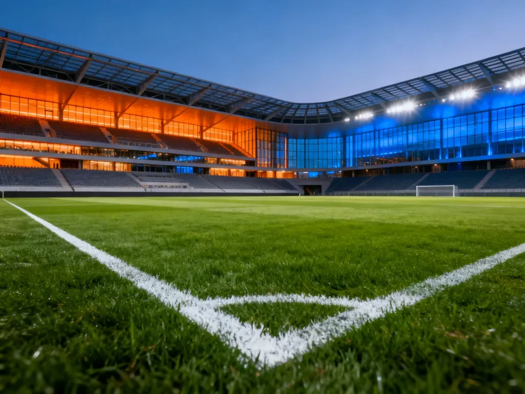 Wizualizacja nowoczesnego stadionu Polonii Warszawa o zmierzchu z oświetloną murawą i przeszklonymi trybunami.