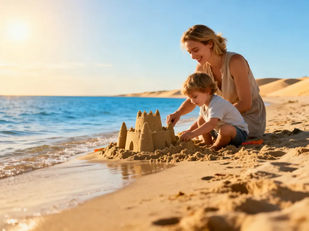 Szczęśliwa mama z dzieckiem budujący zamek z piasku na słonecznej plaży nad morzem.