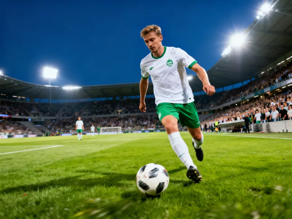 Piłkarz Legii Warszawa w biało-zielonym stroju prowadzi piłkę na murawie podczas meczu na oświetlonym stadionie.