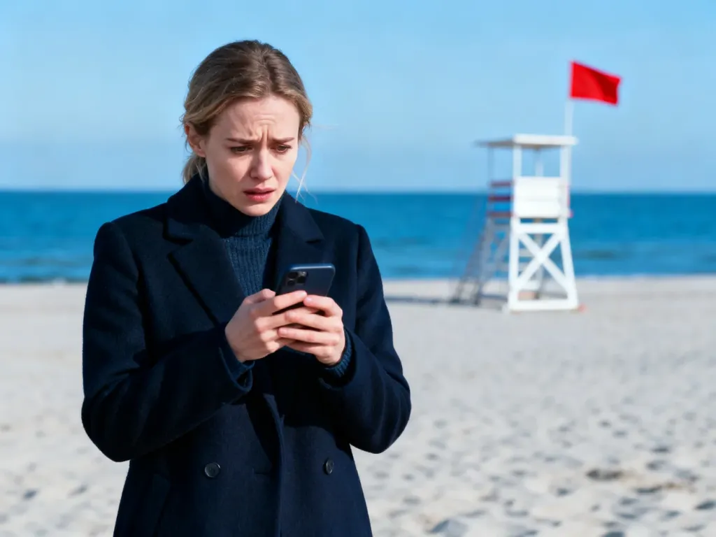 Kobieta na plaży sprawdza w telefonie informacje o zamkniętych kąpieliskach przy powiewającej czerwonej fladze.