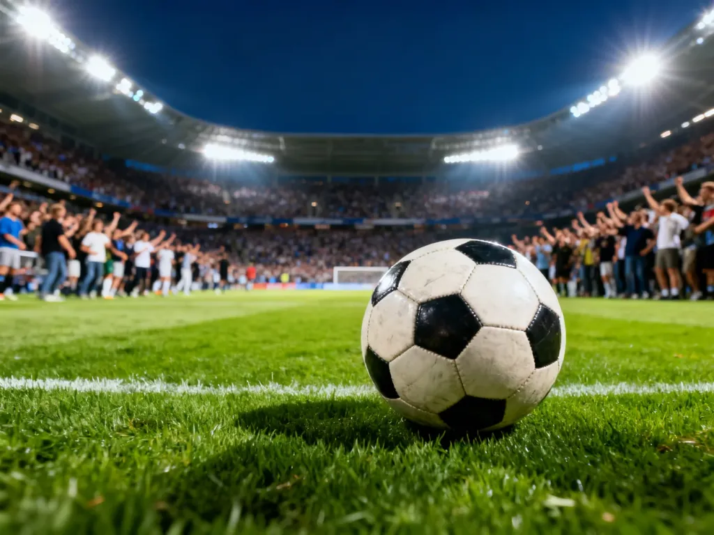 Piłka do gry w piłkę nożną na murawie stadionu przy sztucznym oświetleniu przed meczem Legii Warszawa z Ajaksem Amsterdam.