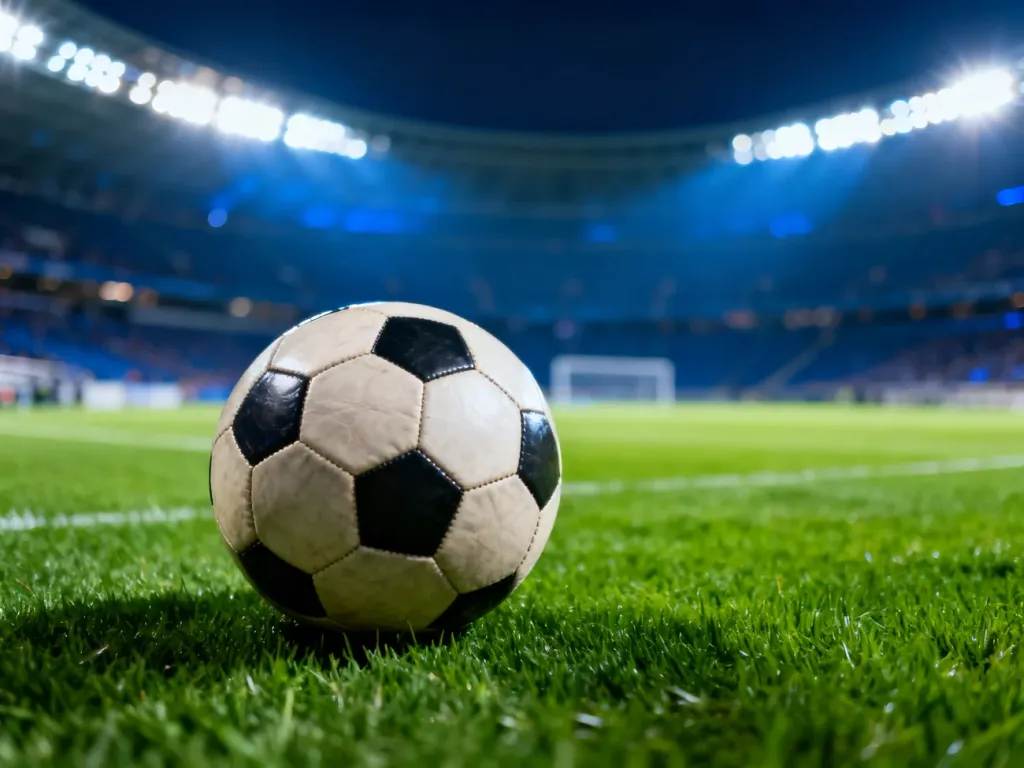 Piłka do gry na murawie stadionu w świetle jupiterów przed meczem Legii Warszawa z Chelsea.
