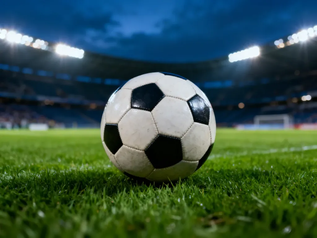 Profesjonalna piłka nożna na murawie stadionu w świetle jupiterów przed meczem Polonii Warszawa ze Zniczem Pruszków.