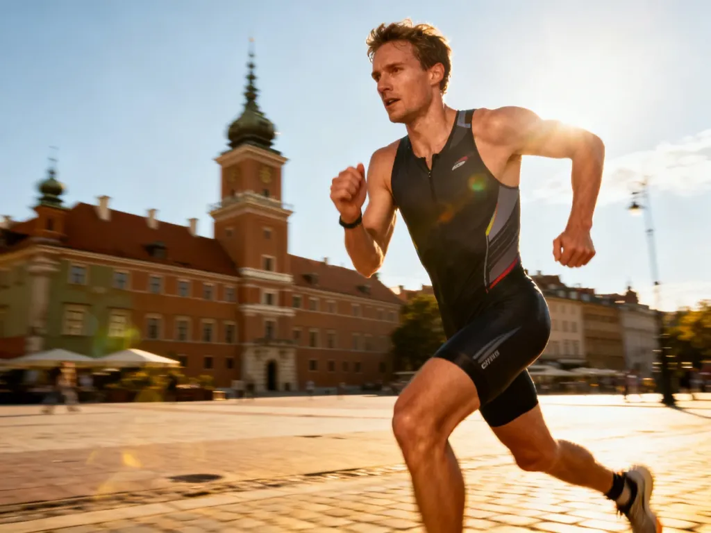 Triathlonista w pełnym skupieniu biegnie przez historyczne centrum Warszawy podczas zawodów Ironman.