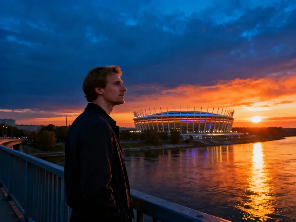Stadion Narodowy w Warszawie o zachodzie słońca widziany z perspektywy mężczyzny stojącego na moście nad Wisłą.
