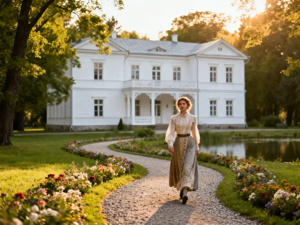 Kobieta w stylu vintage spaceruje alejką w Parku Zdrojowym w Nałęczowie na tle zabytkowej drewnianej willi.