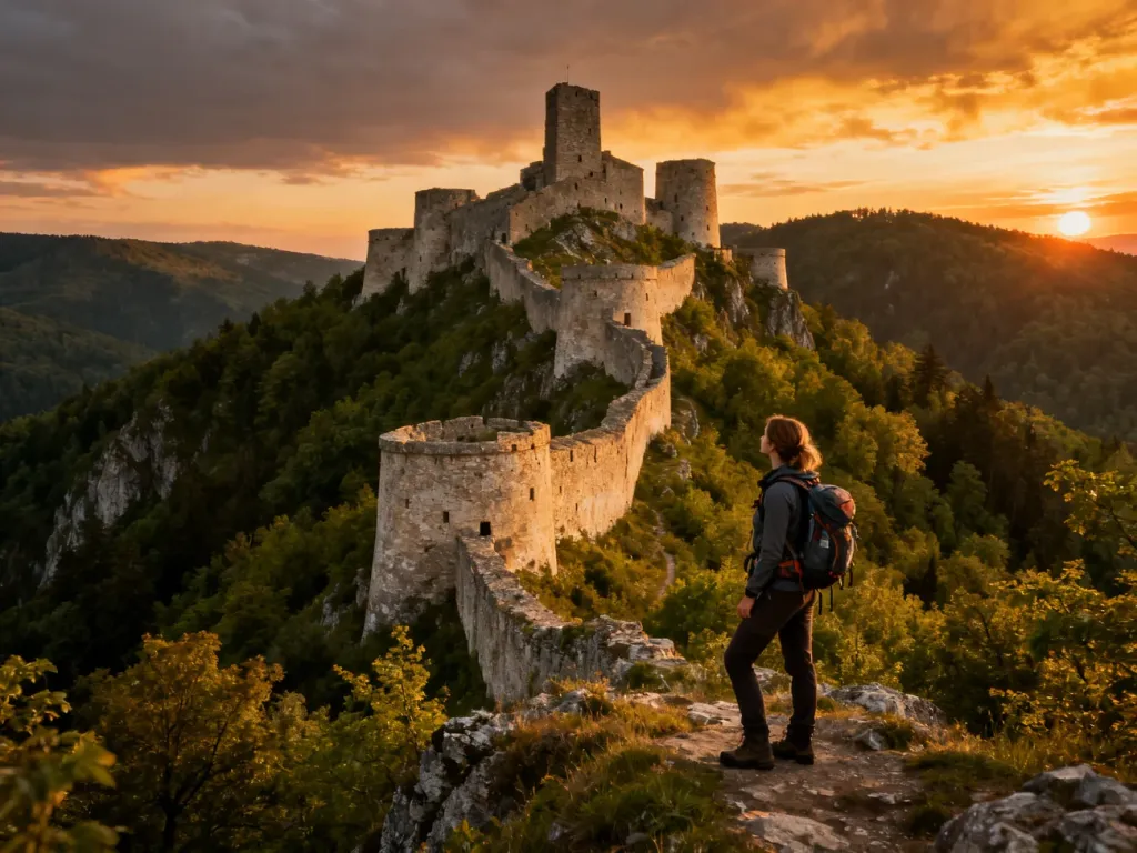 Turystka w stroju trekkingowym podziwia panoramę Twierdzy Srebrna Góra na tle malowniczych, zalesionych wzgórz o zachodzie.