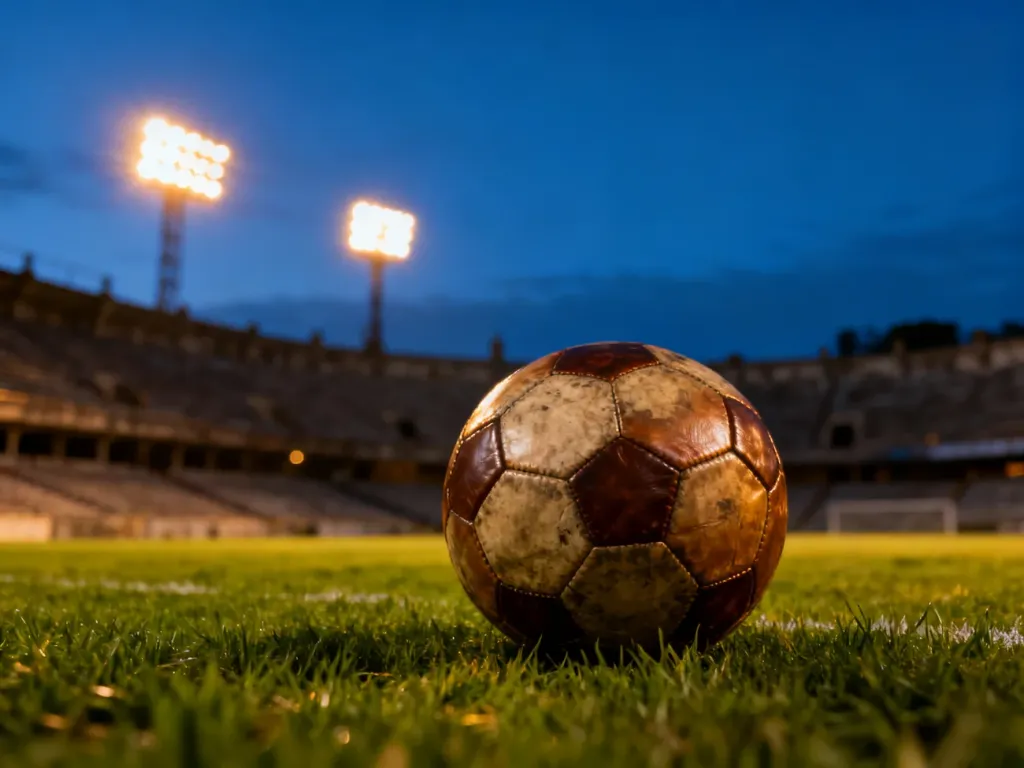 Skórzana piłka na murawie pustego stadionu o zmierzchu, w tle rozświetlone jupitery.