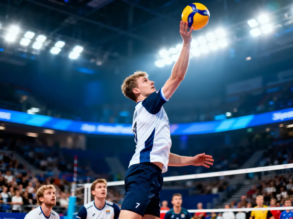 Siatkarz w wyskoku wykonuje dynamiczny atak podczas meczu w hali sportowej.