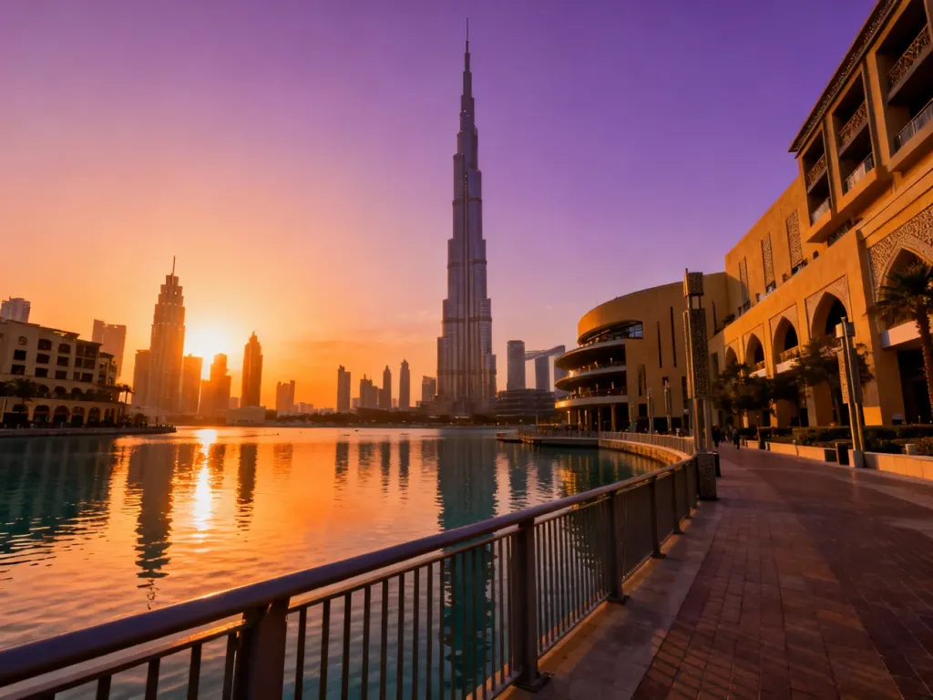 Burj Khalifa górujący nad panoramą Dubaju podczas zachodu słońca, z odbiciami w wodzie na pierwszym planie.