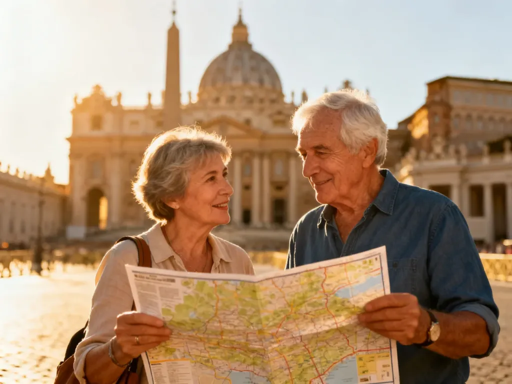 Uśmiechnięta para seniorów z mapą w rękach na tle Bazyliki św. Piotra w Rzymie podczas słonecznego dnia.