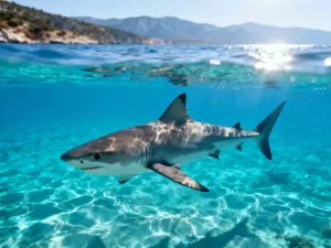 Kobieta odpoczywająca na piaszczystej plaży na Mauritiusie z widokiem na turkusowy ocean i malownicze góry w tle.