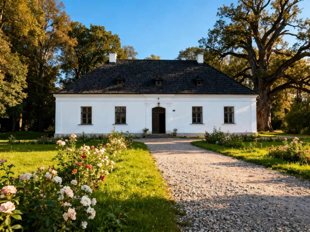 Tradycyjny polski dworek z białą elewacją, otoczony bujnym ogrodem i starymi drzewami w słoneczny dzień.