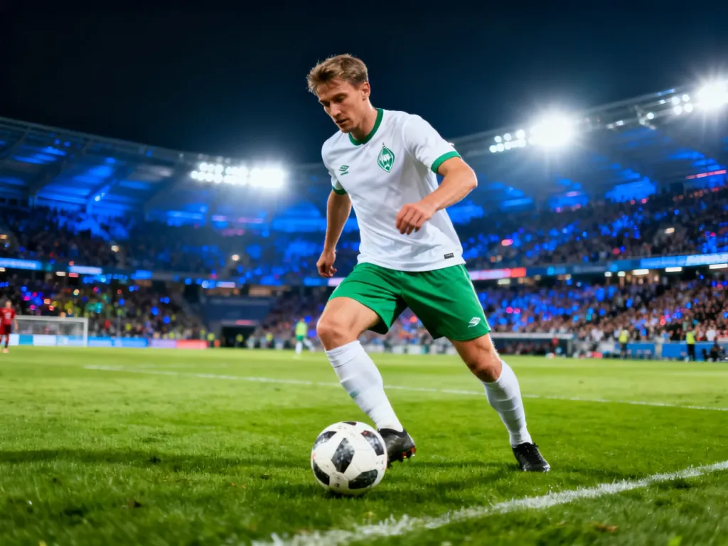 Piłkarz Legii Warszawa prowadzi piłkę na murawie podczas wieczornego meczu w pełnym stadionie.