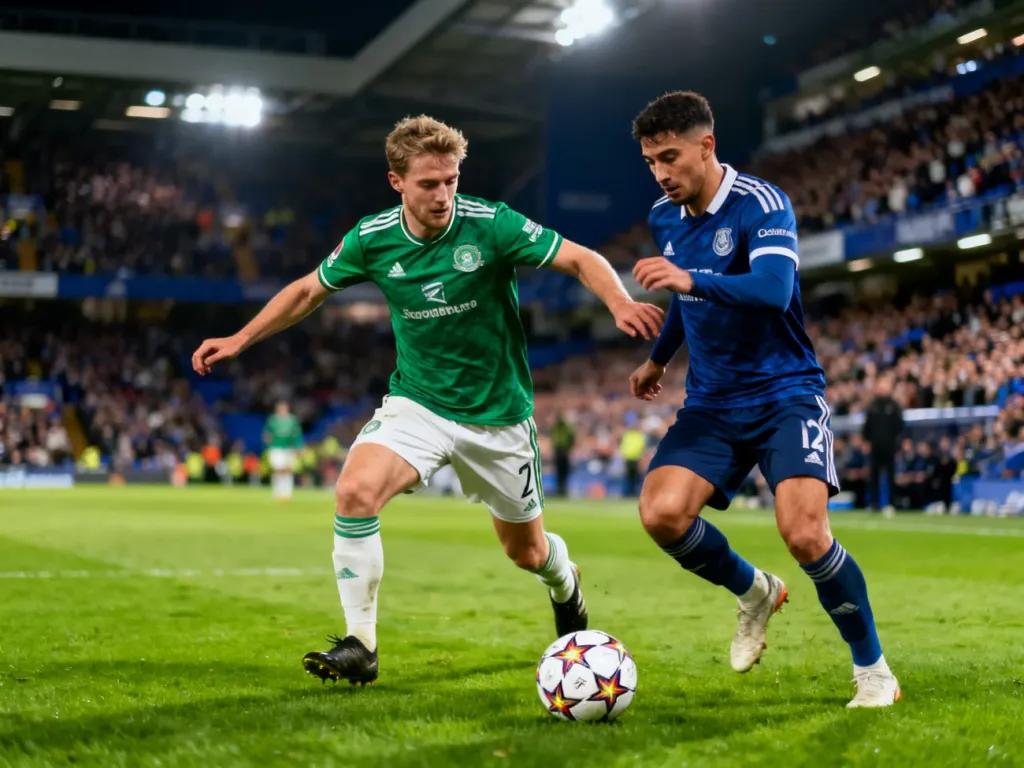 Dwaj piłkarze walczą o piłkę na murawie podczas meczu na wypełnionym stadionie.