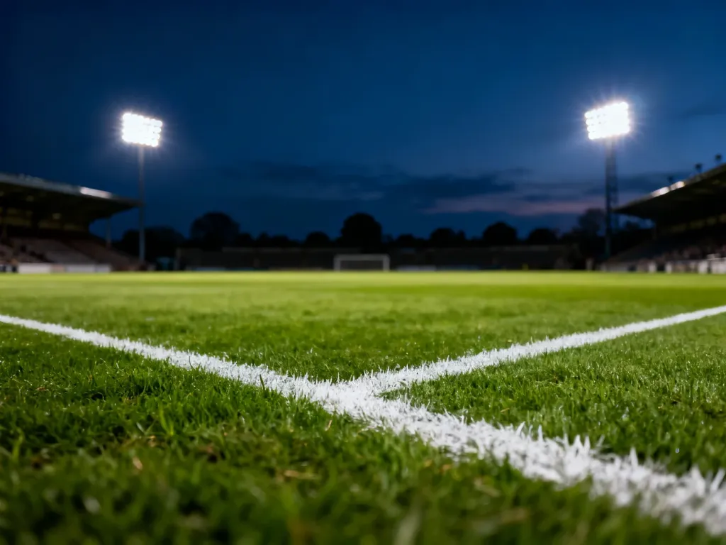 Historyczny stadion piłkarski o zmierzchu z oświetloną murawą, przygotowany do wieczornego meczu.