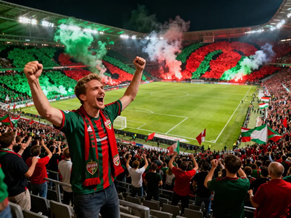 Kibic Legii Warszawa z uniesionymi rękami na tle efektownej oprawy z flagami i dymem na stadionie podczas meczu.