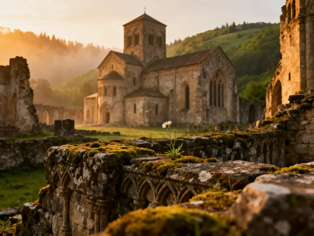 Ruiny średniowiecznego klasztoru w Polsce o zachodzie słońca, z widocznymi detalami kamiennych murów i malowniczym krajobrazem.